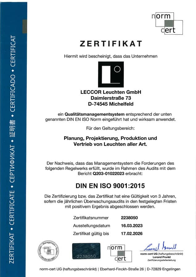 Zertifizierung nach  ISO9001, Zertifikat 2023 - 2026
