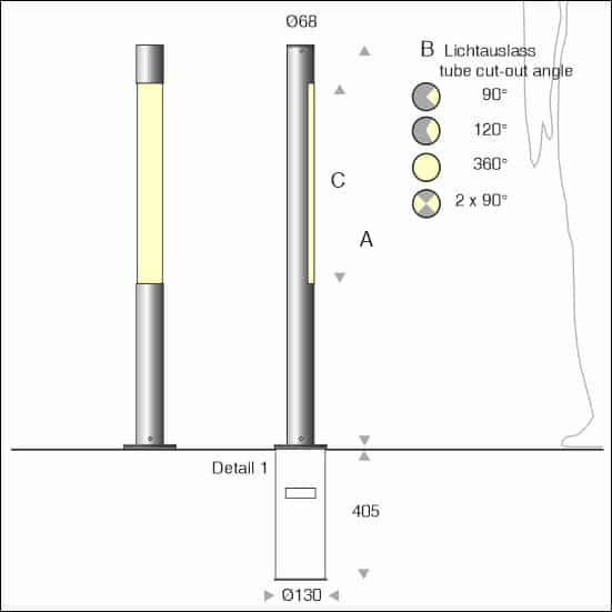Technische Zeichnung Pollerleuchte Fiaccola Typ 410