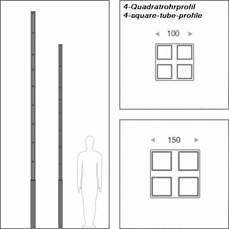 Masten 4-Quadratrohrprofil aus Edelstahl - technische Zeichnung